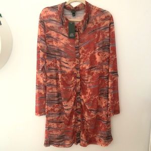 NWT Ruched Mesh Collared Button Up Tie Dye Mini Long Sleeve Dress XXL Wild Fable